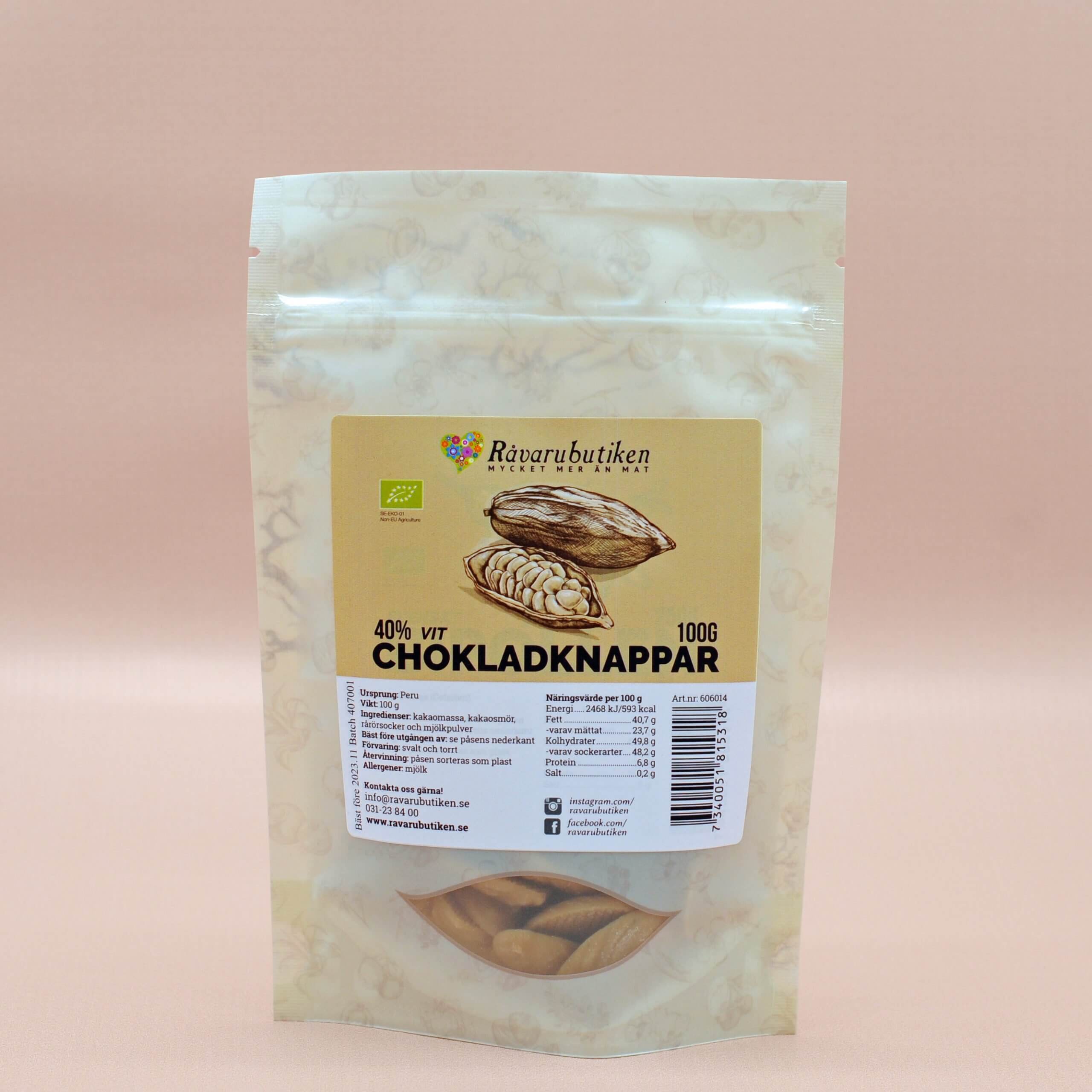 Chokladknappar Pangoa Vit 40% EKO 100g